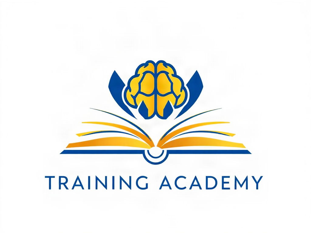 A minimalist geometric logo for a training academy: an abstract open book formed by clean lines, with a stylized brain integrated into the pages, symbolizing knowledge and intelligence. The design is in premium blue and gold gradients on a white background, suitable for use in branding.